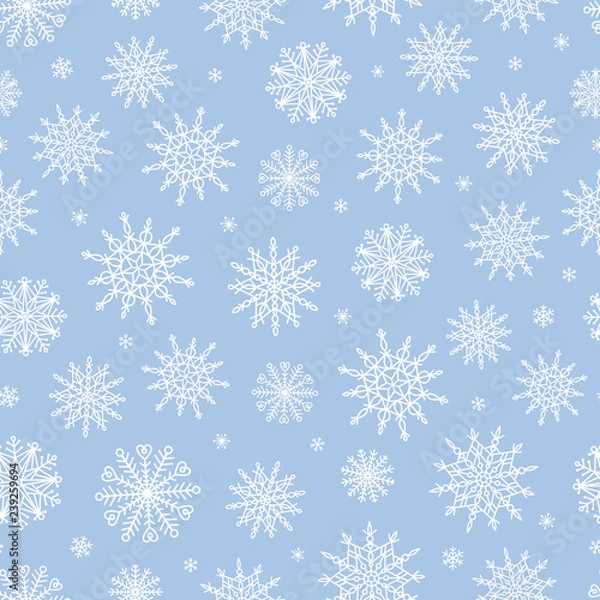 Fototapeta Vector seamless pattern with doodle snowflakes. Hand drawn winter background.