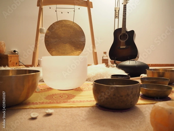 Fototapeta Tibetan singing bowls, sound of healing, Meditation and relax, sound bath, setting for sound bath.