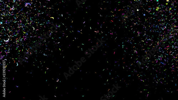 Fototapeta colorful paper shoot, celebration on black, shooting confetti paper shoot, twisted ribbon, and element particle for holiday party and celebration decoration concept in black
