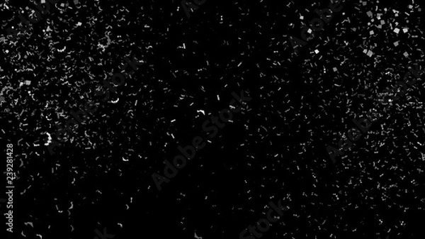 Fototapeta White paper shoot, celebration on black, shooting confetti paper, twisted ribbon, and element particle for holiday party and celebration decoration concept in black