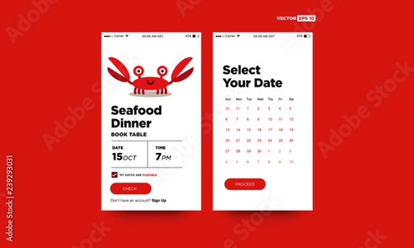 Fototapeta Seafood Dinner Book Table with Cute Crab Cartoon App UX and UI For Phone Screen