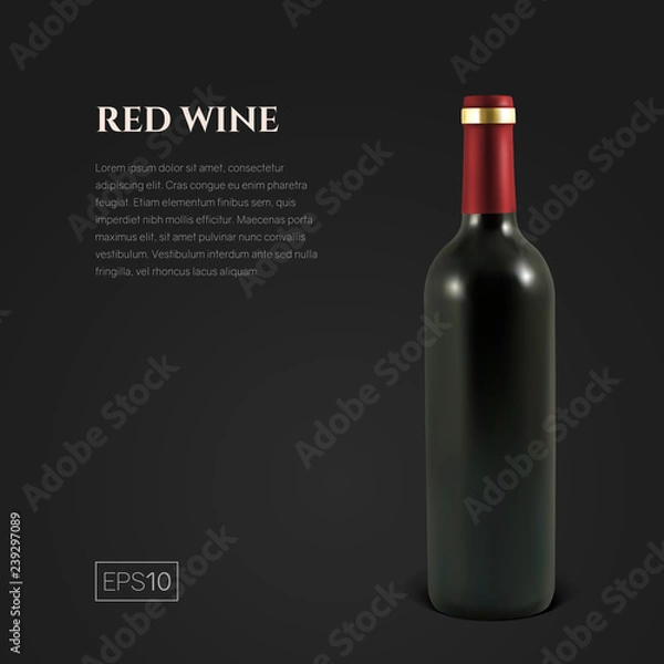 Fototapeta Photorealistic bottle of red wine on a black background. Mock up transparent bottle of wine. Template for product presentation or advertising in a minimalistic style.