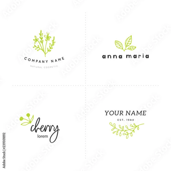 Fototapeta Vector set of floral hand drawn logo templates in elegant and minimal style.