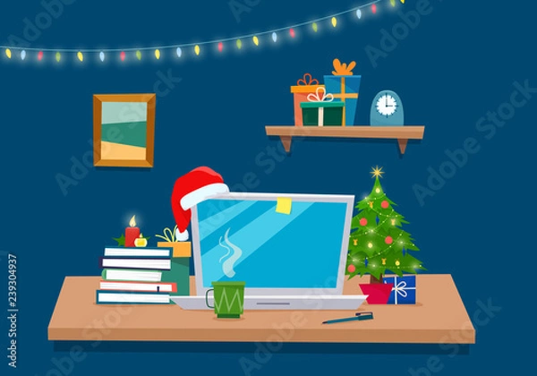 Fototapeta Christmas office workplace. Table with computer, gifts, christmas tree, books . Freelancer workspace. Flat cartoon style vector illustration.