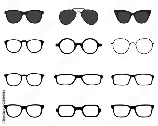 Fototapeta Black silhouettes of different eyeglasses on a white background