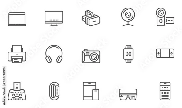 Fototapeta Electronic Devices Vector Line Icons Set. Compact Personal Computer, Smartphone, Smart Watch, Camcorder, Gadgets for Mobile Calls, Communication ang Gaming. Editable Stroke. 48x48 Pixel Perfect.