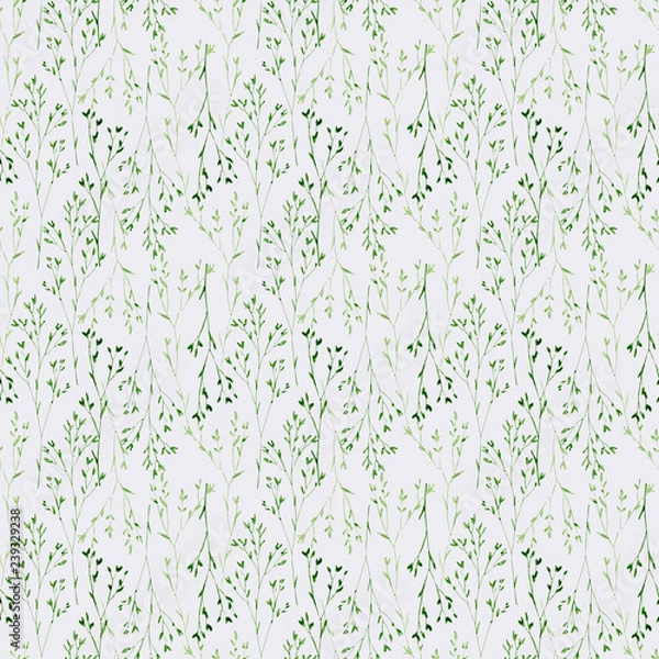 Fototapeta Seamless pattern with hand-drawn watercolor green branches and lite lilac background