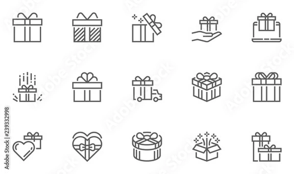 Fototapeta Gift and Surprise Vector Line Icons Set. Gift Box Tied with Ribbon and Decorated with a Bow. Editable Stroke. 48x48 Pixel Perfect.