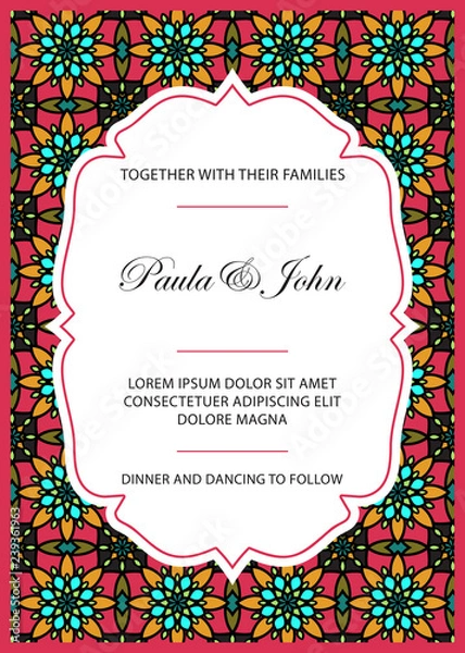 Obraz Vintage Wedding Invitation template. Save the date card. Trendy design with Tiled background. Tradition decoration for wedding. Perfect for Boho Wedding. Vector illustration.