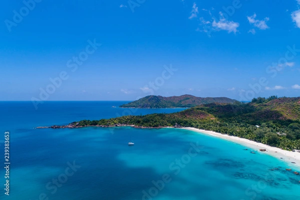 Fototapeta Aerial view of beautiful island at Seychelles in the Indian Ocean. Top view from drone
