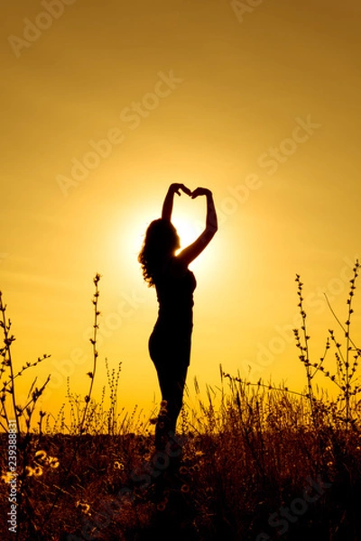 Obraz Happy girl standing and posing at sunset in the field among the grass and holding his hands over his head in the shape of a heart. Silhouette. Vertical orientation of the image