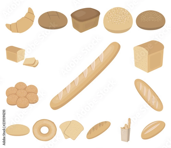 Fototapeta Types of bread cartoon icons in set collection for design. Bakery products vector symbol stock web illustration.