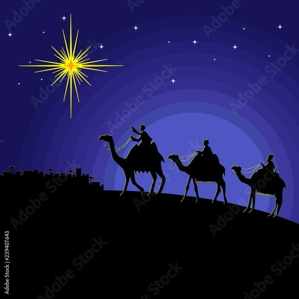 Fototapeta Biblical illustration. Christmas story. Mary and Joseph with the baby Jesus. Nativity scene near the city of Bethlehem. Wise men go to worship Christ.