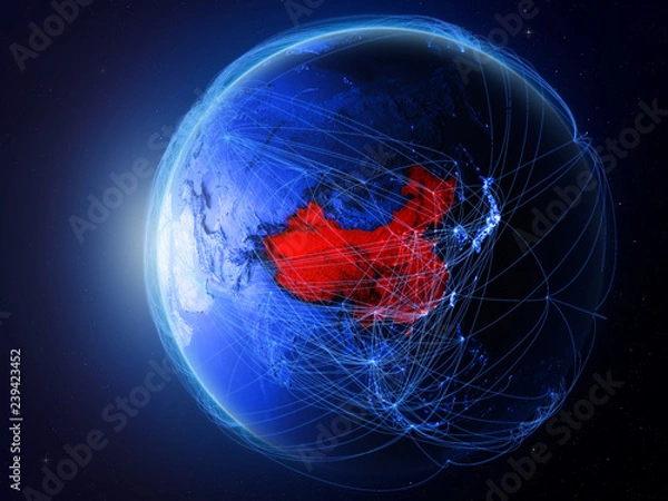 Obraz China from space on planet Earth with blue digital network representing international communication, technology and travel.