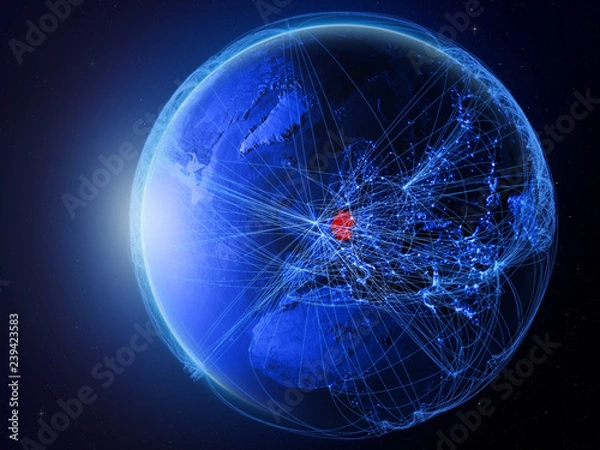 Fototapeta Germany from space on planet Earth with blue digital network representing international communication, technology and travel.
