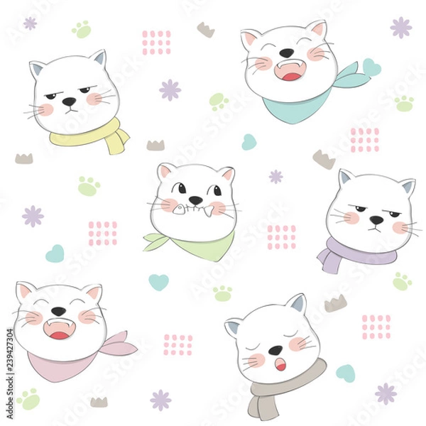 Obraz Cute cat seamless pattern hand drawn style