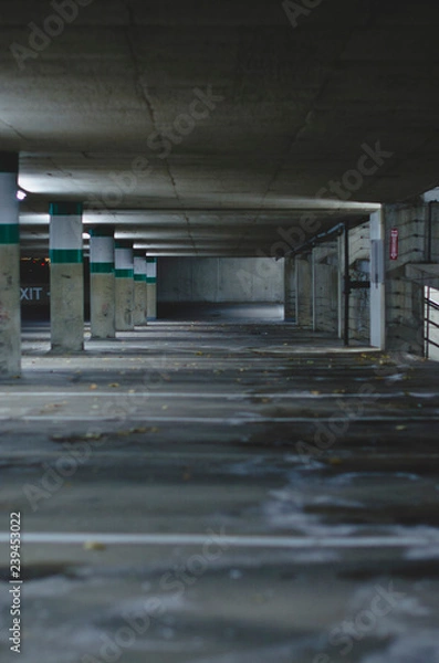Obraz The long and empty salt covered parking stalls in the dark parking garage in the late night. 