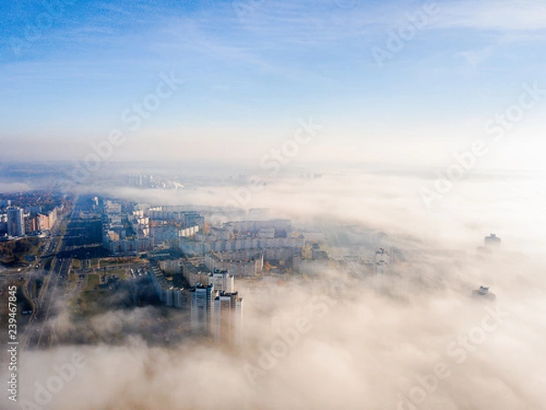 Obraz Foggy aerial Minsk city view