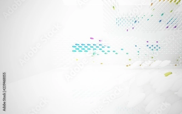 Fototapeta White smooth abstract architectural background whith colored gradient lines . 3D illustration and rendering