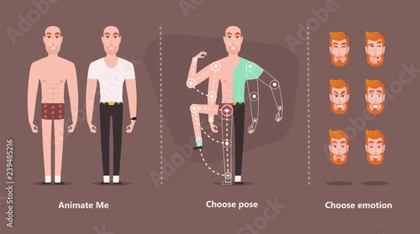 Fototapeta Character man for animation. Isolated parts to create a need posture. Set for creating Flat cartoon - Vector. Different emotions, poses, face expressions, body parts of young hipster male constructor 