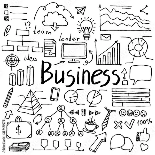 Fototapeta Zestaw ikon biznesowych doodle wyciągnąć rękę. Kolekcja elementów projektu