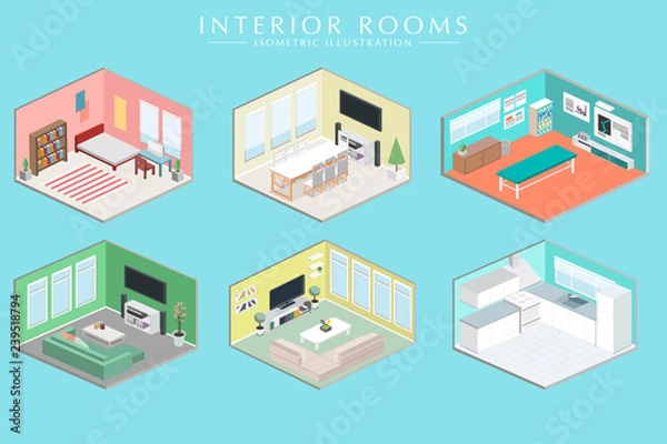 Obraz Different room Interiors Vector Isometric set