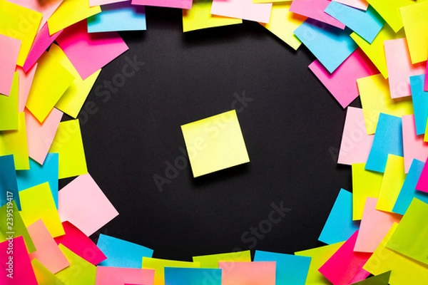 Fototapeta Many colorful sticky notes on black background