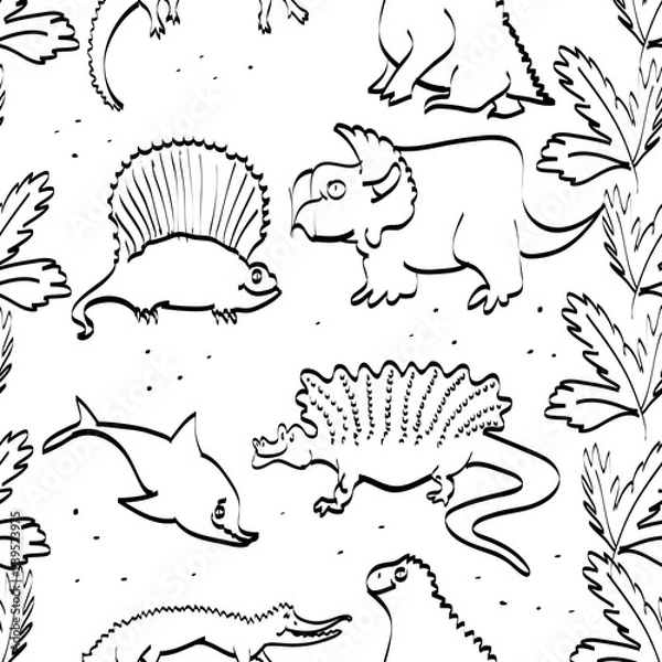 Fototapeta Funny doodle dino pattern. 