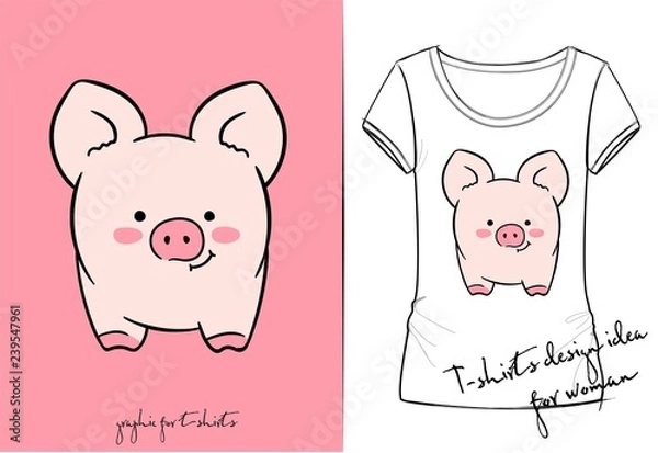 Obraz Vector t-shirt of cartoon cute pink pig drawn with a tablet, cute smiling character with big ears