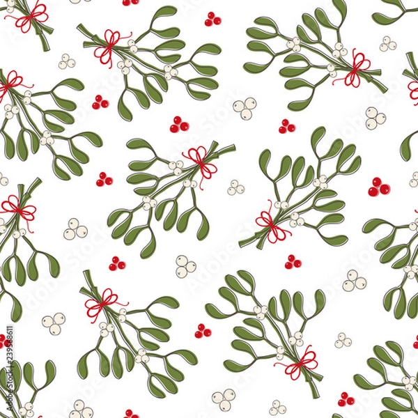 Obraz Seamless vector pattern with a branch of mistletoe.