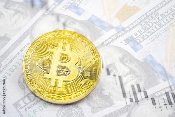 Fototapeta The concept of the fall of the cryptocurrency rate, Bitcoin against the dollar. Bitcoin coin on the background of falling graphics.