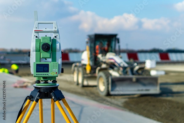 Fototapeta Surveyor equipment (theodolite) on construction site of the airport, building or road with construction machines in background