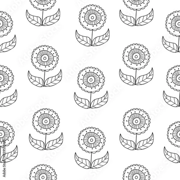 Fototapeta Vector black and white doodle flowers pattern with abstract floral flowers. Black and white hand-drawn flower seamless pattern background.