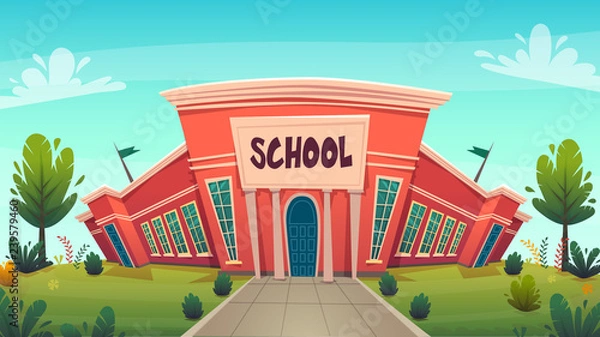 Obraz school . day of knowledge funny cartoon background ,  warm autumn education card cover in red green bright colours with clear blue sky clouds . high school comic style vector illustration 