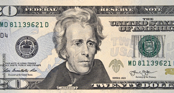 Obraz President Andrew Jackson on US 20 dollar bill close up, Unites States federal fed reserve note.