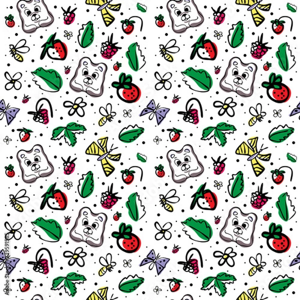 Obraz Vector seamless pattern with cute bear, berries,butterflies, bees, flowers and leaves on a white background. Great for product design for kids. Hand drawn