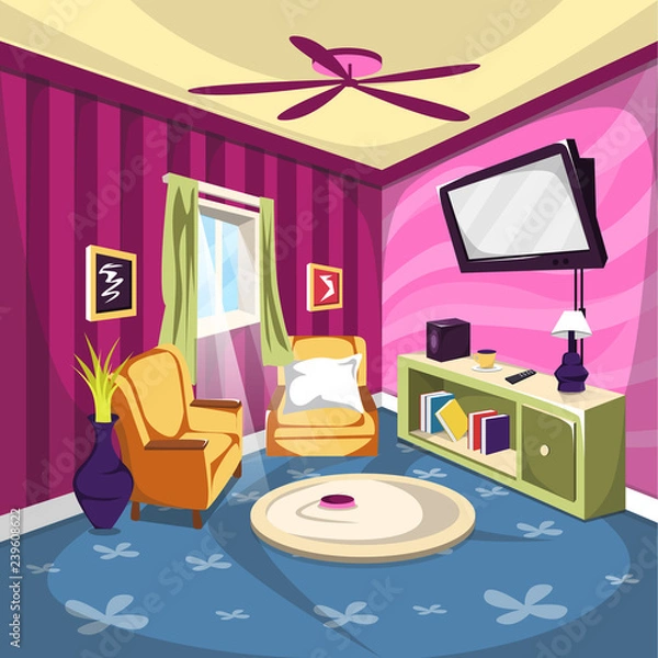 Fototapeta Clean Living room or TV Rooms Furniture with Sofa, Ceiling fan and desk full of book Cartoon Vector Architecture Decoration Ilustration Concept Idea