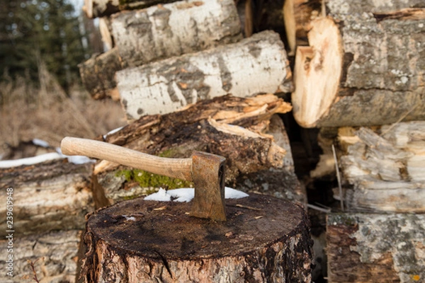 Fototapeta small axe in a woodcutter's block
