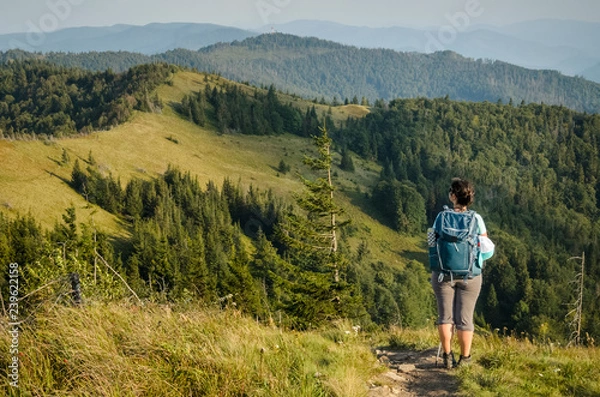 Fototapeta Plus size young pretty brunette woman backpacking in summer at the mountains. Outdoor activity concept. Health life and summer vacation concept. Sunny summer evening at Ukrainian Carpathians.