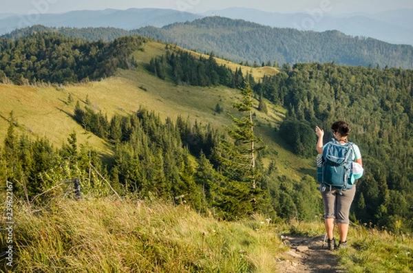 Fototapeta Plus size young pretty brunette woman backpacking in summer at the mountains. Outdoor activity concept. Health life and summer vacation concept. Sunny summer evening at Ukrainian Carpathians.