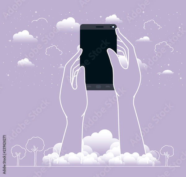 Fototapeta hands using smartphone in the sky