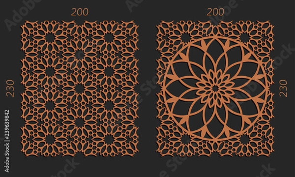Fototapeta Laser cutting set. Woodcut vector trellis panels. Plywood lasercut floral design. Hexagonal seamless patterns for printing, engraving, paper cut. Stencil lattice ornaments.