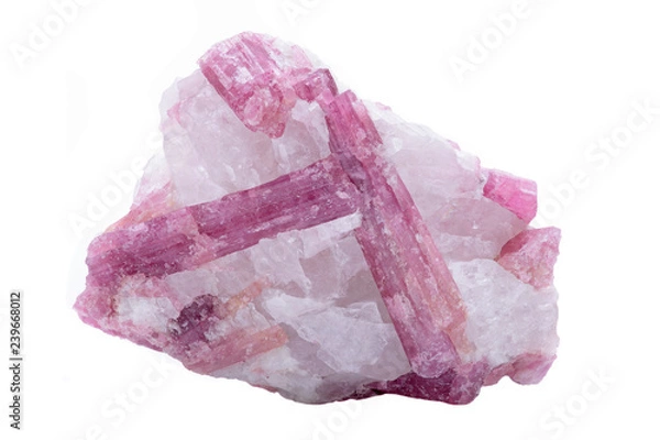Obraz Rough white quartz studded with pink tourmaline crystals, from Brazil isolated on white background