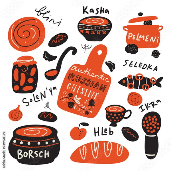 Obraz Authentic russian cuisine.Funny hand drawn illustration with food elements and name of dishes. Vector design.