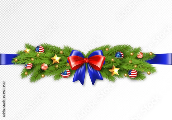 Fototapeta Christmas partiotic illustration. Vector border of Christmas tree branches with golden stars and balls with american flag. Merry christmas and happy new year