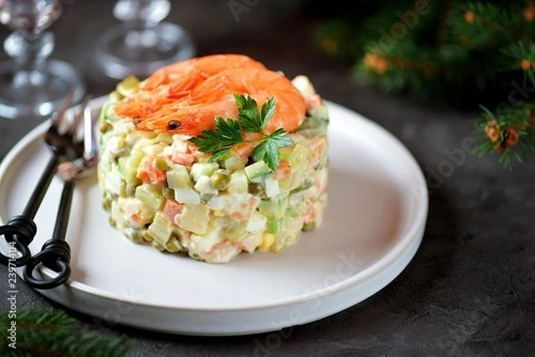 Fototapeta Traditional Russian salad "Olivier" with shrimps and avocado. Christmas background.