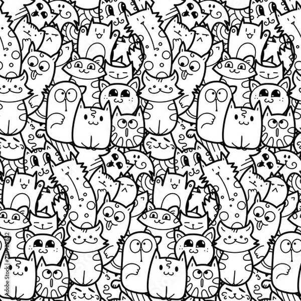 Fototapeta Funny doodle cats and kittens seamless pattern for prints, designs and coloring books