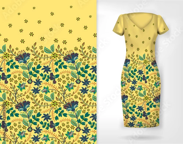 Fototapeta Vertical seamless fashion background. Women's long dress mock up with bright seamless hand drawn pattern for textile, paper print. Isolated light yellow dress with floral pattern. vector