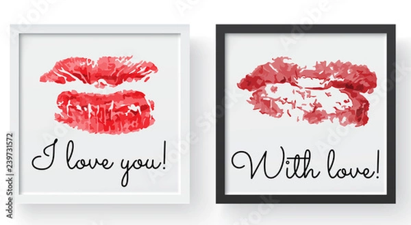 Fototapeta Lipstick kiss print. Female sexy red lips. Sexy lips makeup, kiss mouth, modern frame and place for text