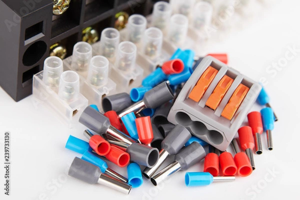 Fototapeta accessories for the construction of the electrical network, connecting elektmeny current line, insulated crimp terminals conductor